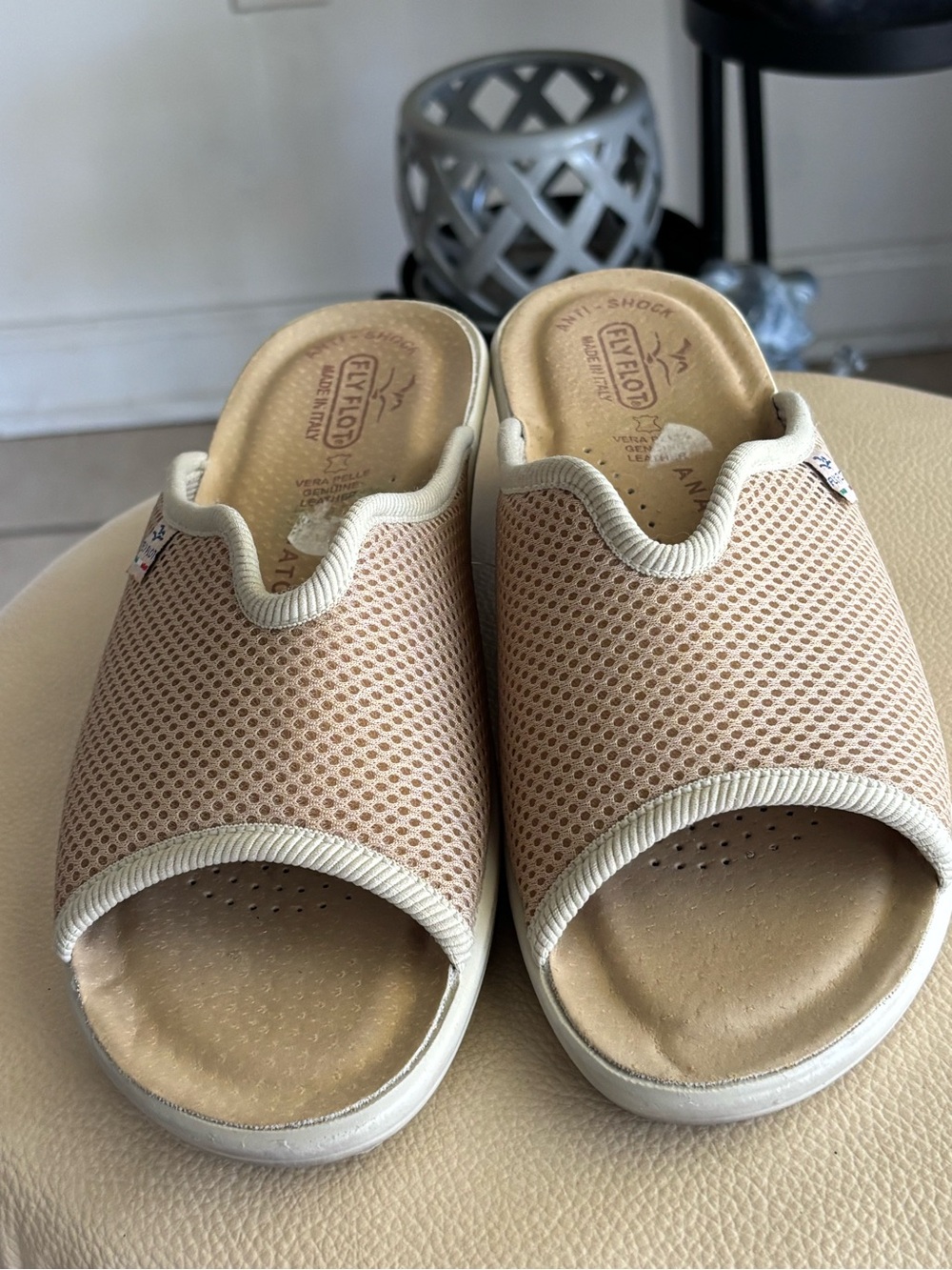 Fly Flot Beige Mesh Open-Toe Mule — Women's Comfort Slide